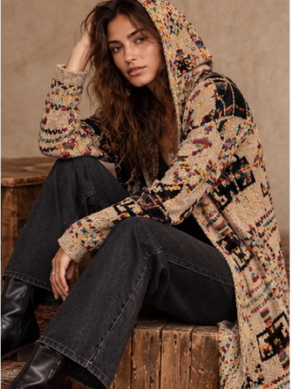 Anthropologie Northern Angel Hooded Cardigan Sweater Coat Boho Southwestern